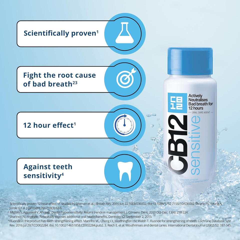 CB12 Sensitive: Fight Bad Breath for 12 Hours for Sensitive Teeth, Alcohol-Free, Soft Menthol Flavor, 250 ml CB12 Sensitive: Fight Bad Breath for 12 Hours for Sensitive Teeth, Alcohol-Free, Soft Menthol Flavor, 250 ml