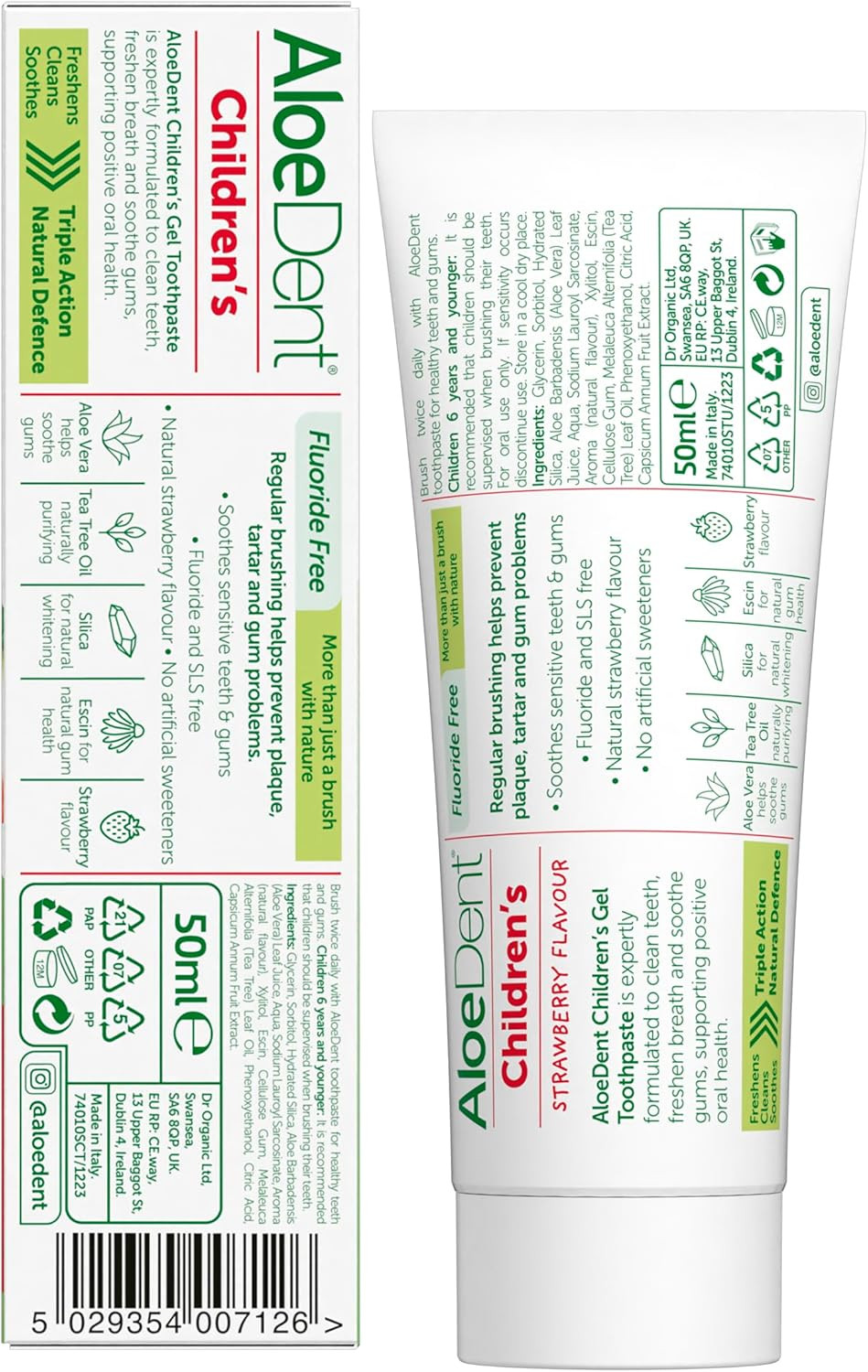 Aloe Dent Children's Aloe Vera Toothpaste Fluoride Free, Natural Action, Vegan, Cruelty Free , SLS Free, Strawberry Flavour, Healthy Gums, 50 ml