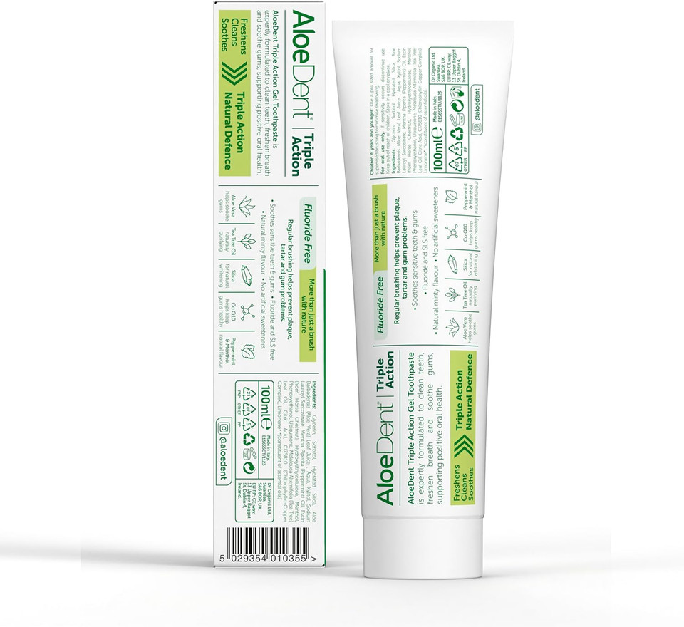 Aloe Dent Triple Action Aloe Vera Toothpaste Fluoride Free , Natural Action, Vegetarian , Cruelty Free , SLS Free, CoQ10, Healthy Gums , 100 ml Aloe Dent Triple Action Aloe Vera Toothpaste Fluoride Free , Natural Action, Vegetarian , Cruelty Free , SLS Free, CoQ10, Healthy Gums , 100 ml