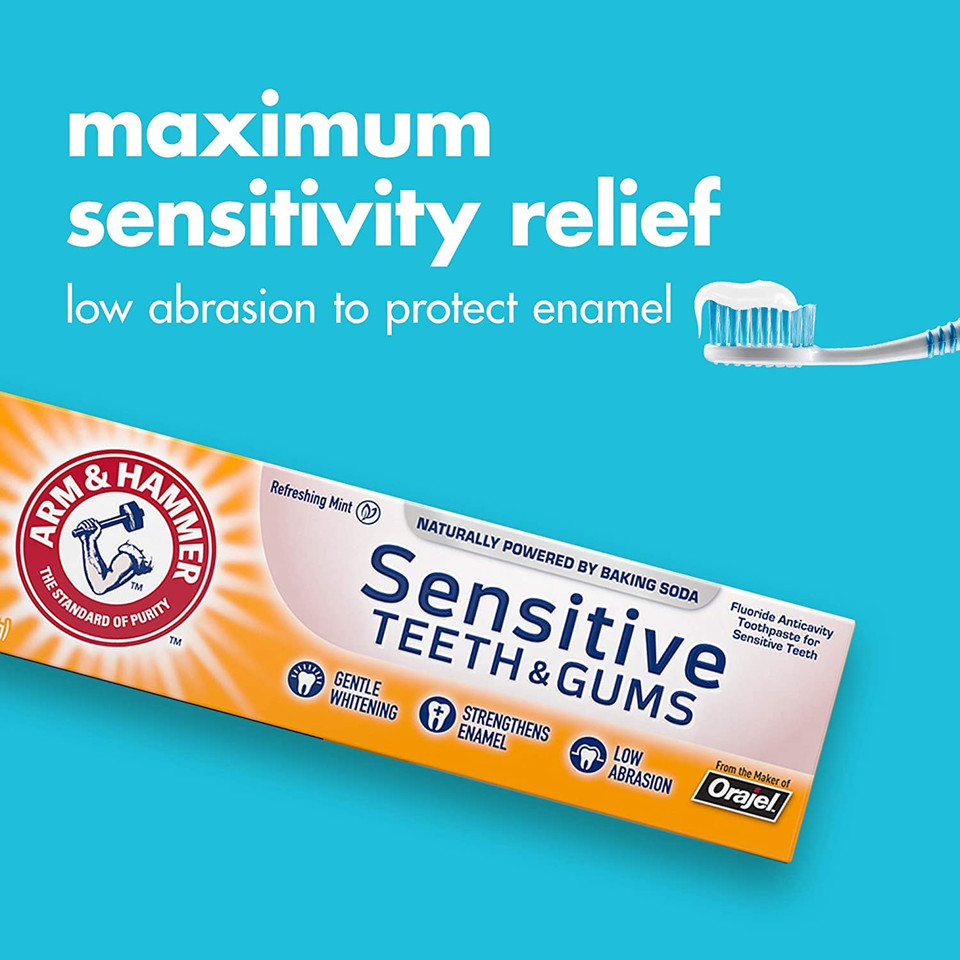 ARM & HAMMER Sensitive Whitening Fluoride Anticavity Toothpaste with Orajel, Frosted Mint 4.50 oz (Pack of 3)