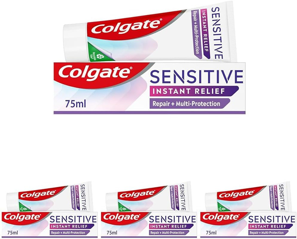 Colgate Sensitive Instant Relief Repair + Gentle Whitening Toothpaste | Instant* and long-lasting** sensitivity relief | Protective layer with calcium** | Fluoride toothpaste | 4 pack, 75ml tubes