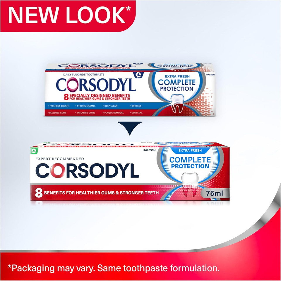 Corsodyl Complete Protection Bundle: 2X Complete Protection Extra Fresh Toothpaste 75ml & 2X Corsodyl Mild Mint Mouthwash