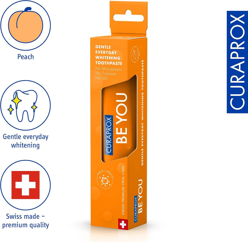 Curaprox Be You Peach + Apricot Toothpaste 60ml - Gentle Everyday Whitening - SLS, Microplastic, Triclosan Free Fluoride Toothpaste