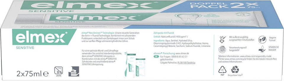 Elmex Sensitive Toothpaste Paste for Sensitive Teeth Unflavoured 2 Pack 150ml