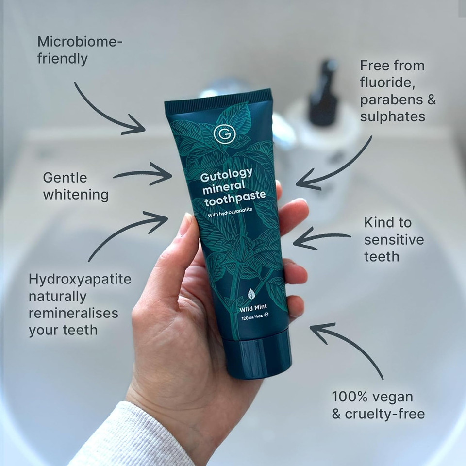 Gutology Natural Hydroxyapatite Toothpaste 120ml Microbiome Friendly Fluoride Free Toothpaste Remineralising Enamel Repair Suitable for Adults & Children Helps Sensitive Teeth Whitening - Wild Mint