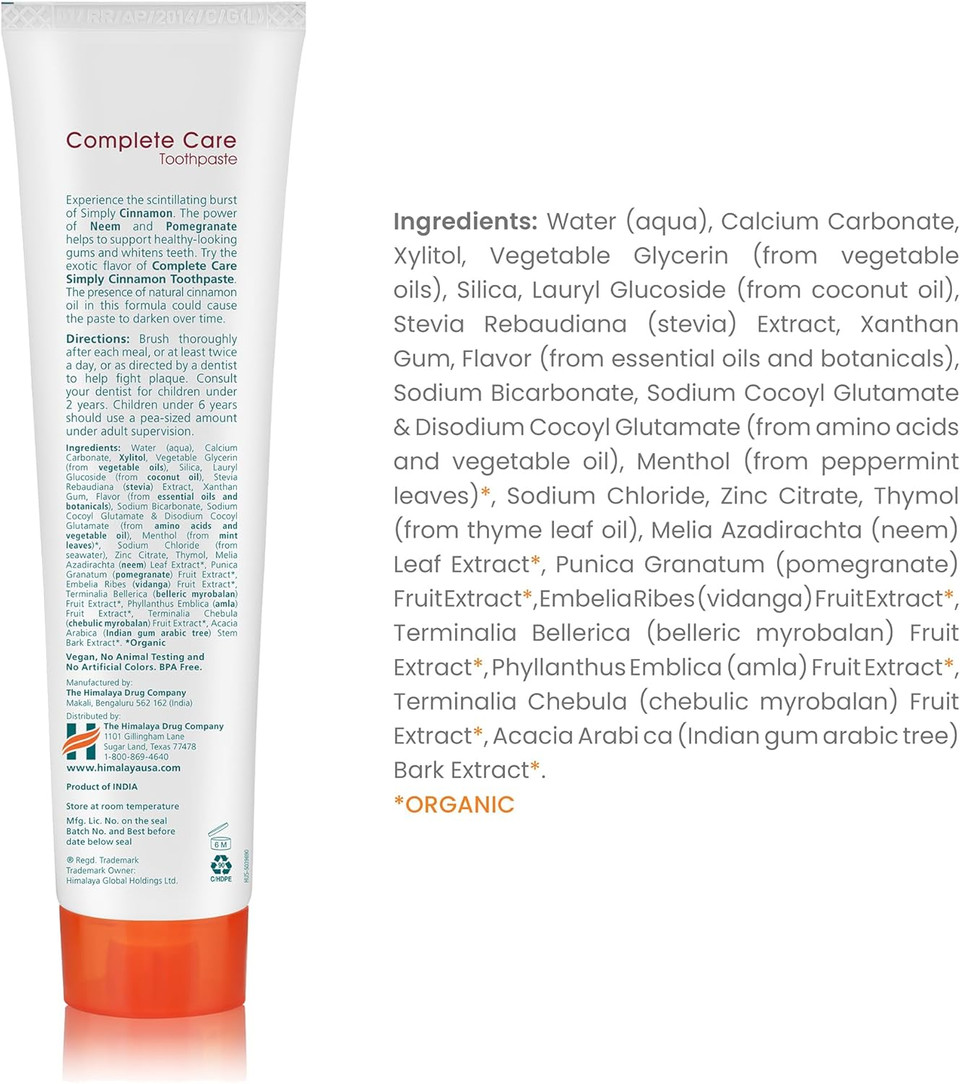 Himalaya Botanique Complete Care Toothpaste with Natural Cinnamon and Mint | Gives Freshness and a Cooling Effect| Herbal Extracts Makes Teeth Whiter- 150g (Pack of 4) Himalaya Botanique Complete Care Toothpaste with Natural Cinnamon and Mint | Gives Freshness and a Cooling Effect| Herbal Extracts Makes Teeth Whiter- 150g (Pack of 4)