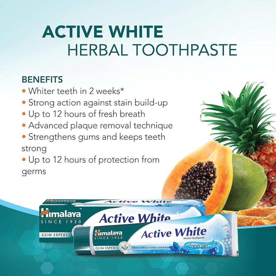 Himalaya Active White Gel | Herbal Toothpaste with Fruit enzymes |Teeth whitening |Anti Bacterial for Full Mouth Protection |Paraben and Bleach Free|100% Vegetarian -75 ml (Pack of 4)