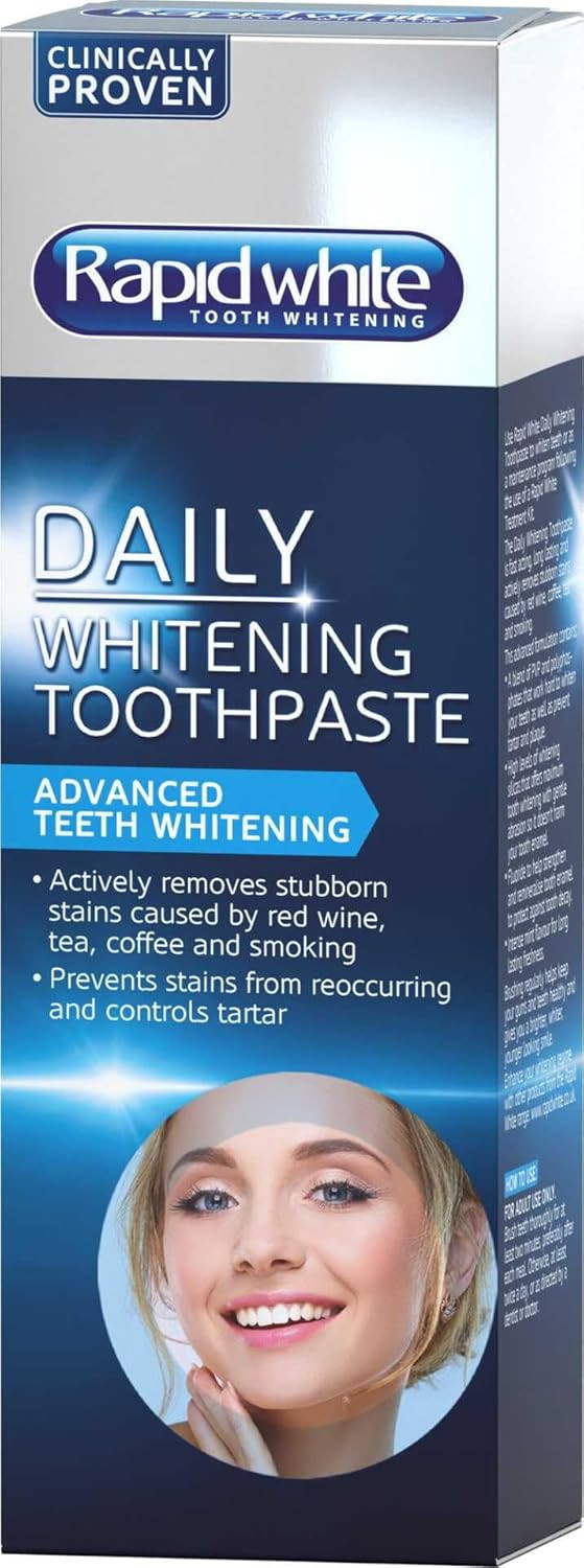 Rapid White Daily Whitening Toothpaste 100ml | Advanced Teeth Whitening | Fast Acting & Long Lasting | Removes Stubborn Stains | Prevents Tartar & Plaque | Includes Fluoride | Mint Flavour