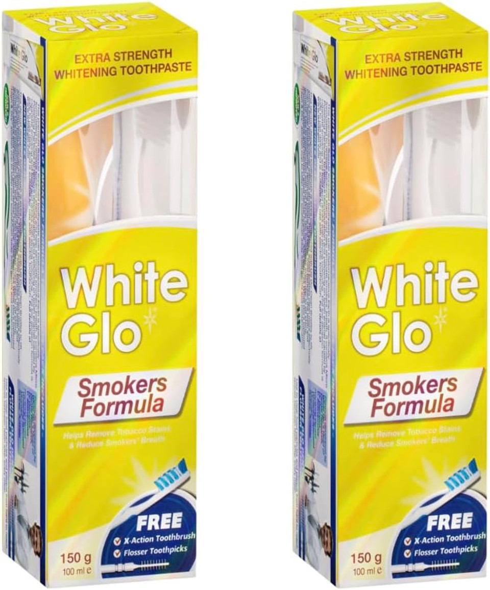 White Glo Smokers Formula Whitening Toothpaste Pack 150g -Pack of 2 (with Sanitral 50 Pcs Dental Floss Stick Included as a Gift)
