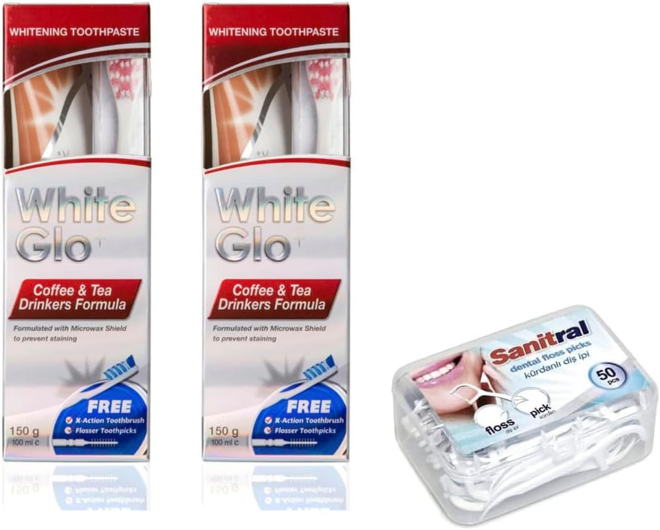 White Glo Premium Coffee & Tea Drinkers Formula Intense Extra Whitening Toothpaste & Toothbrush-100 ml (Pack of 2) with Sanitral 50 Pcs Dental Floss Stick Included as a Gift