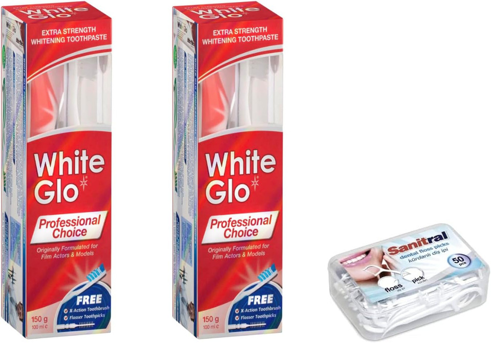 White Glo Extra Strength Whitening Toothpaste Professional Choice 100ml - 2 Packs with Sanitral 50 Pcs Dental Floss Stick Included as a Gift