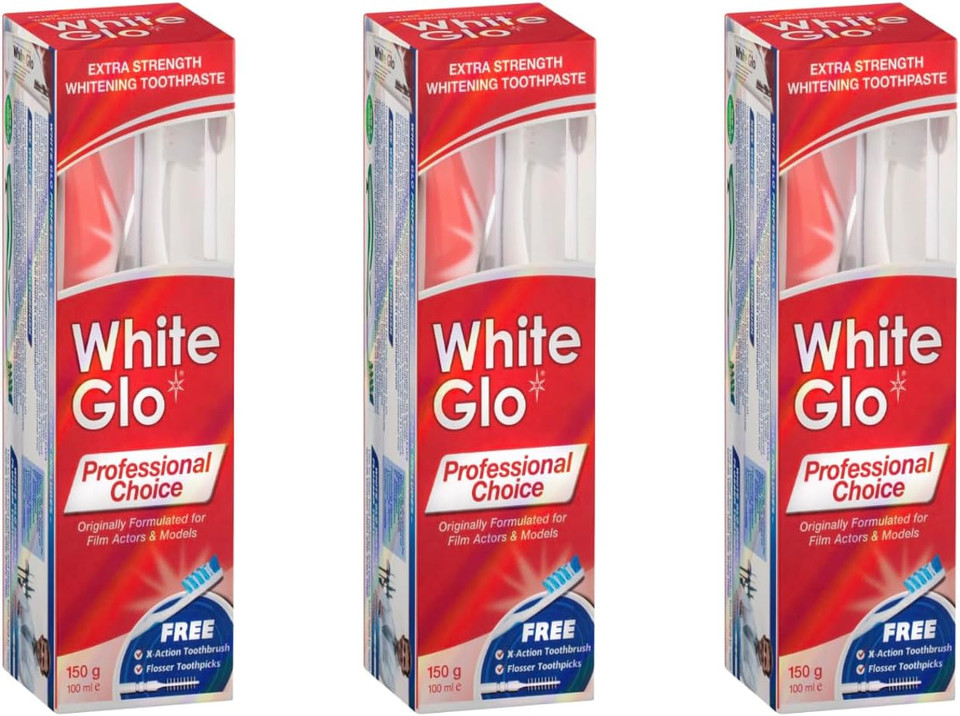 3xWhite Glo Professional Choice Extra Strength Whitening Toothpaste 100 ml & Toothbrush (with Sanitral 50 Pcs Dental Floss Stick Included as a Gift)