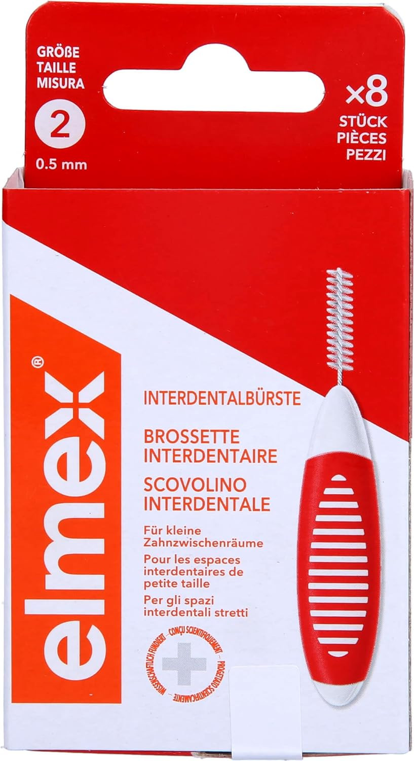 ELMEX Interdental Brush Yellow, Size 4 (0.7 mm), 8 Count, Ideal for Braces, Bridges and Implants, Soft Bristles, Recyclable Packaging