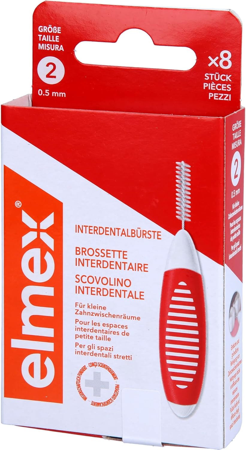 ELMEX Interdental Brush Yellow, Size 4 (0.7 mm), 8 Count, Ideal for Braces, Bridges and Implants, Soft Bristles, Recyclable Packaging