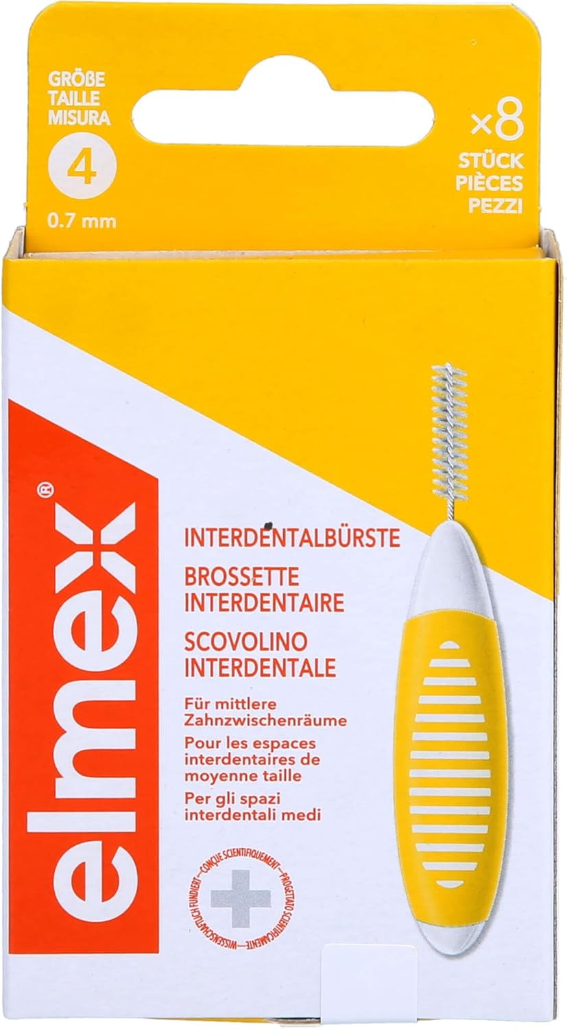 ELMEX Interdental Brush Yellow, Size 4 (0.7 mm), 8 Count, Ideal for Braces, Bridges and Implants, Soft Bristles, Recyclable Packaging