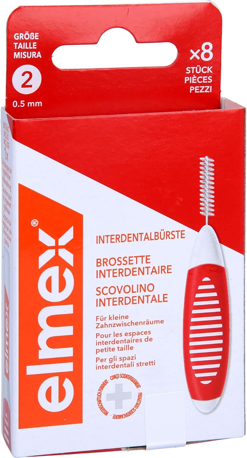 ELMEX Red Interdental Brush, Size 2 (0.50 mm), 8 Count, Manual, Non-Powered, Ideal for Braces & Implants, Recyclable Packaging