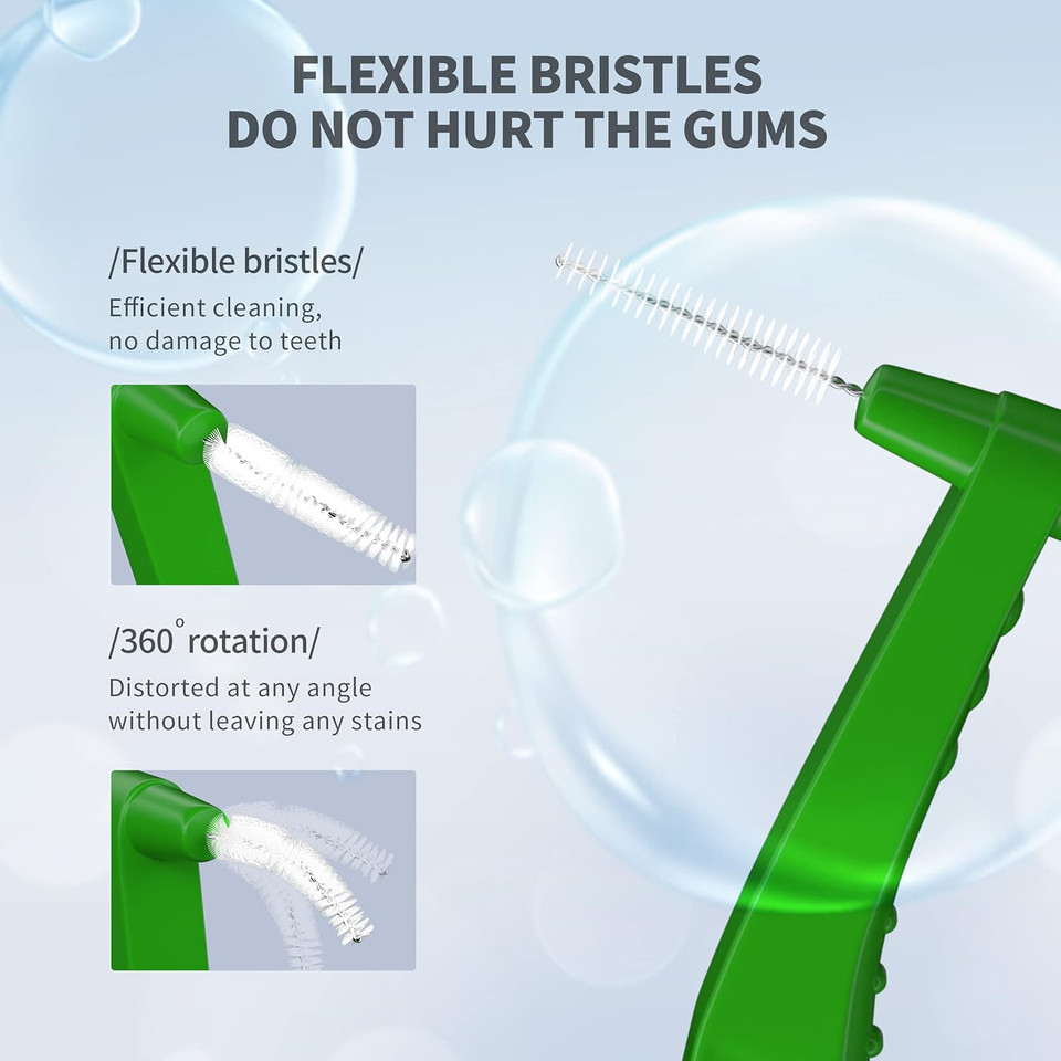 Interdental Brush, Angle Dental Brush Cleaner Toothpick Flossing Head Tooth Cleaning Tool with Portable Case for Tooth Cleaning(Green, Tight Teeth)