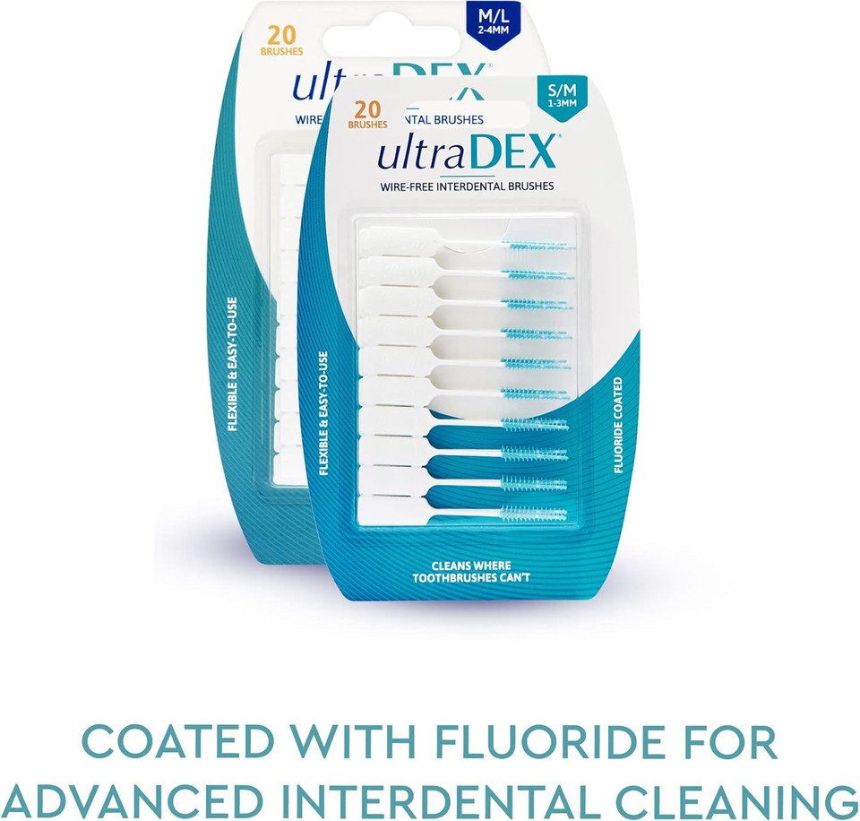 UltraDEX Wire Free Interdental Brush, Wire Free Flexible Floss Aid, Fluoride Coated, Medium/Large 40 Pack White