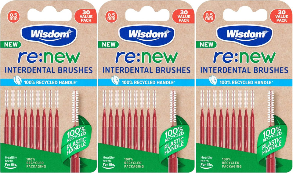 Wisdom re:New 0.5mm Interdental Brushes x30 - Pack of 3 (90 Brushes Total) | Recycled Plastic