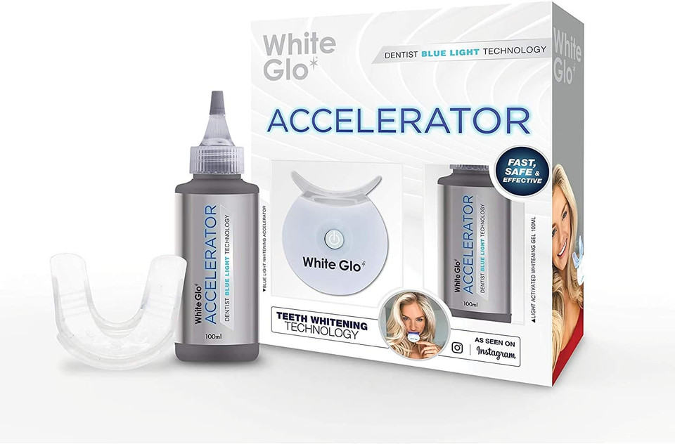 White Glo Accelerator Professional Teeth Whitening Kit with LED Light for Sensitive Teeth and Gums - Blue Light Activated Gel for Best Results - 10 Min Timer & 50 Uses!