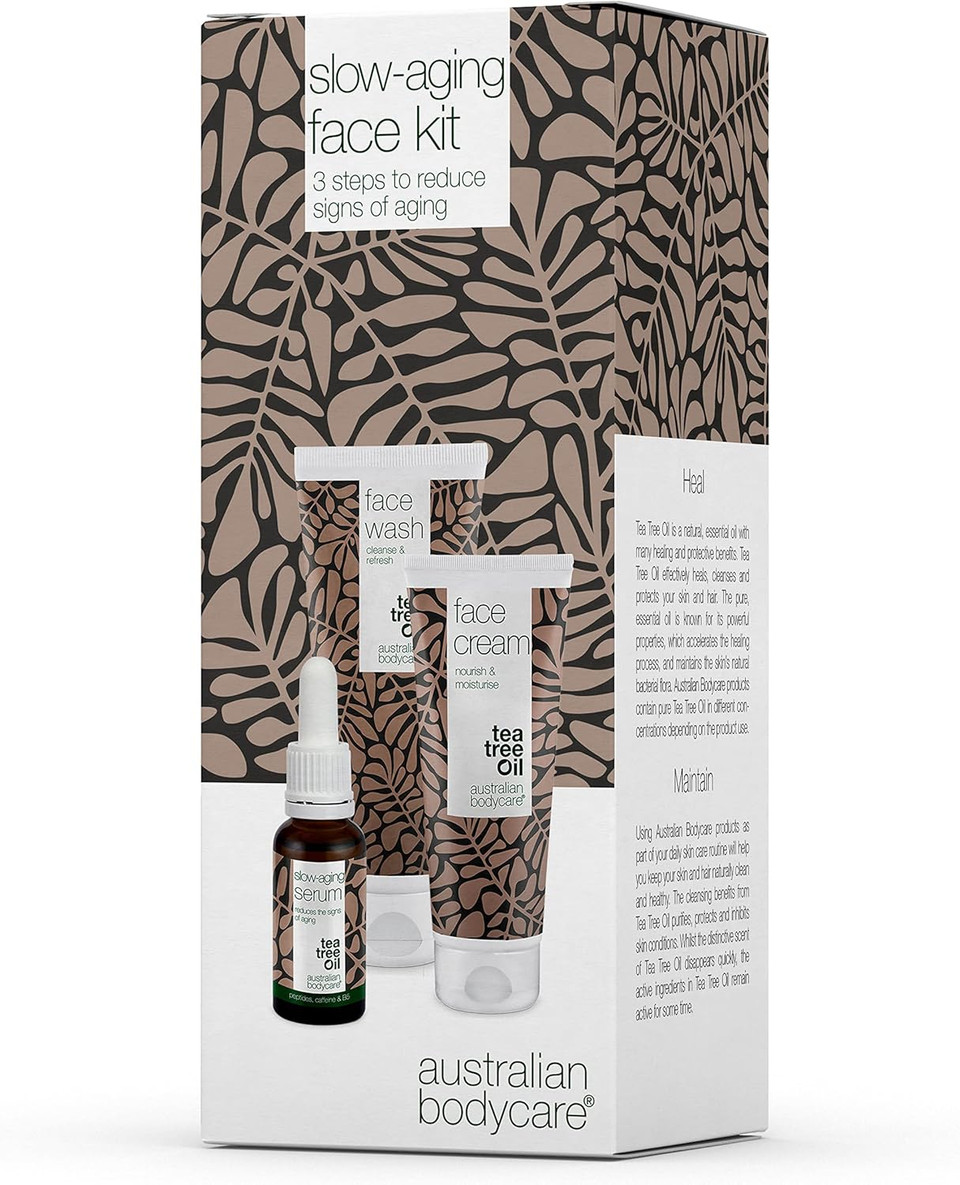 Slow-Aging Face Kit with Tea Tree Oil - Face Wash, Face Cream, and Serum Set for Wrinkle Reduction, Fine Line Smoothing, and Deep Hydration - Anti-Aging Skincare Solution for Women and Men