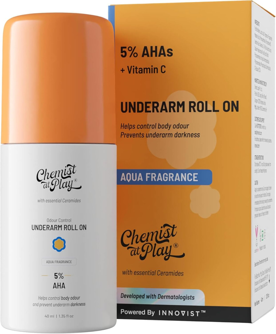 Chemist at Play Brightening Roll On For Neck, Knee & Elbow With 6% Vitamin C+ Hyaluronic Acid, AHAs, Niacinamide, & Ceramides | Helps Reduction in Pigmentation & Hydrates Dry Skin | 40ml