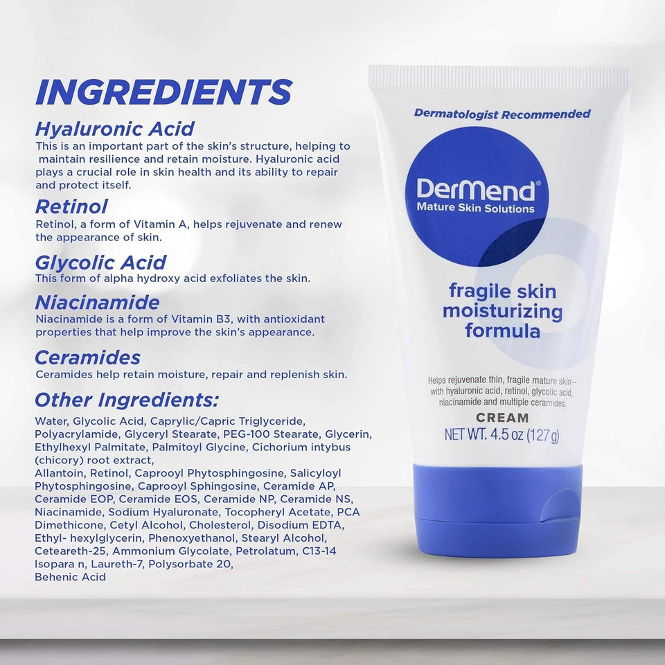 Dermend Specialized Fragile Skin Moisturizing Cream: Formula to Restore & Rejuvenate Mature Skin - 4.5 Oz Tube