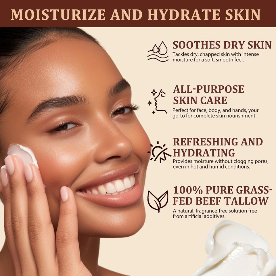 Tallow and Honey Balm (120g), Beef Tallow for Skin, Tallow Face Moisturizer, Organic Grass Fed Whipped Beef Tallow Cream, Deeply Hydrates and Moisturizes Face Body, Fast Absorption, Glass Bottle