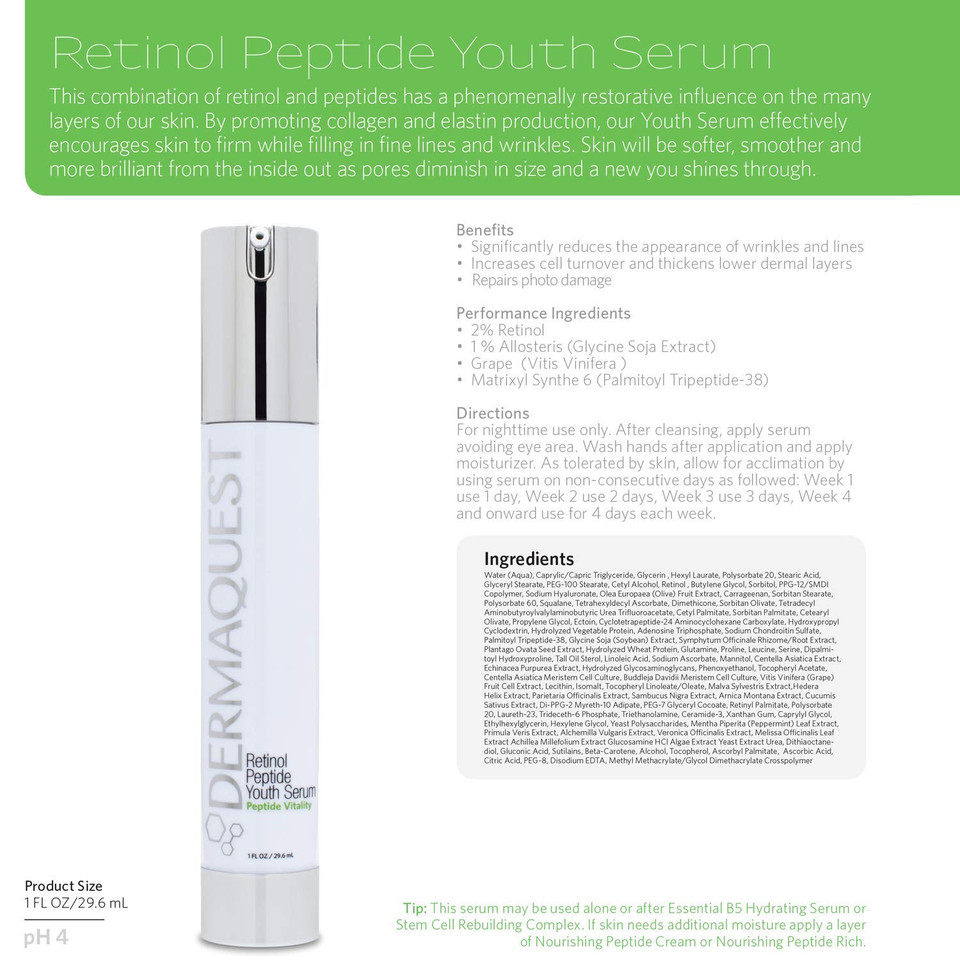 Dermaquest Peptide Vitality Peptide Youth Serum - Anti Aging Serum With 2% Retinol - Facial Serum For Fine Lines & Wrinkles - Pore Minimizer & Stimulates Collagen Production