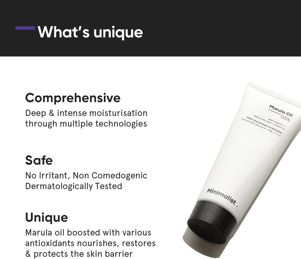 Minimalist Marula Oil 5% Face Moisturizer For Dry Skin With Hyaluronic Acid For Deep Nourishment & Hydration, For Men & Women, 50 g (Pack of 1) Minimalist Marula Oil 5% Face Moisturizer For Dry Skin With Hyaluronic Acid For Deep Nourishment & Hydration, For Men & Women, 50 g (Pack of 1)