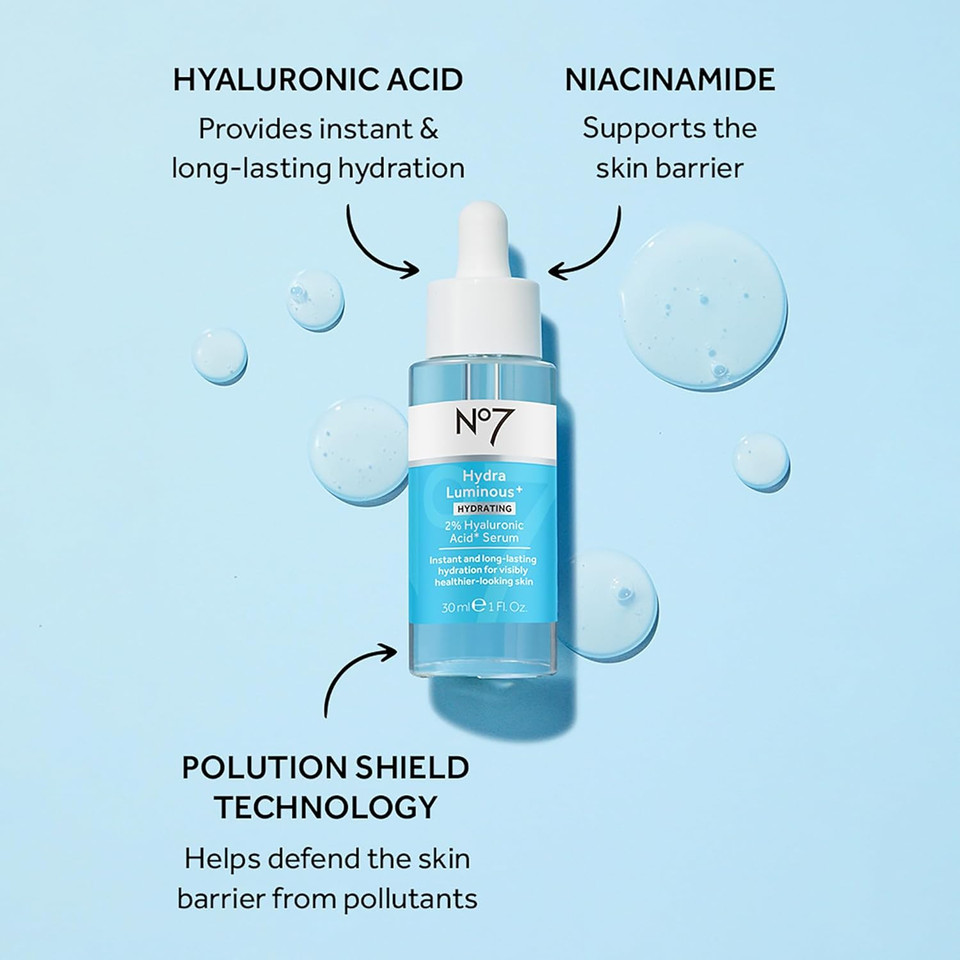 No7 Moisturising Face Serum with 2% Hyaluronic Acid HydraLuminous+ and Niacinamide with 5% Vitamin B3 to Repair the Skin Barrier - For Visibly Radiant Skin