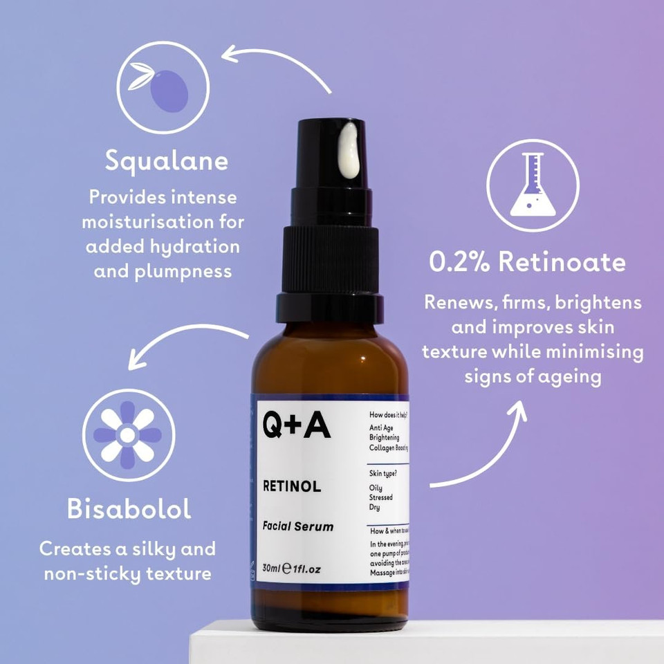 Q+A Retinol Facial Serum (30ml), Face Serum Skincare with Retinol, Squalane & Bisabolol, Smooths Fine Lines, Evens Skin Tone & Boosts Radiance, Vegan & Fragrance Free Q+A Retinol Facial Serum (30ml), Face Serum Skincare with Retinol, Squalane & Bisabolol, Smooths Fine Lines, Evens Skin Tone & Boosts Radiance, Vegan & Fragrance Free