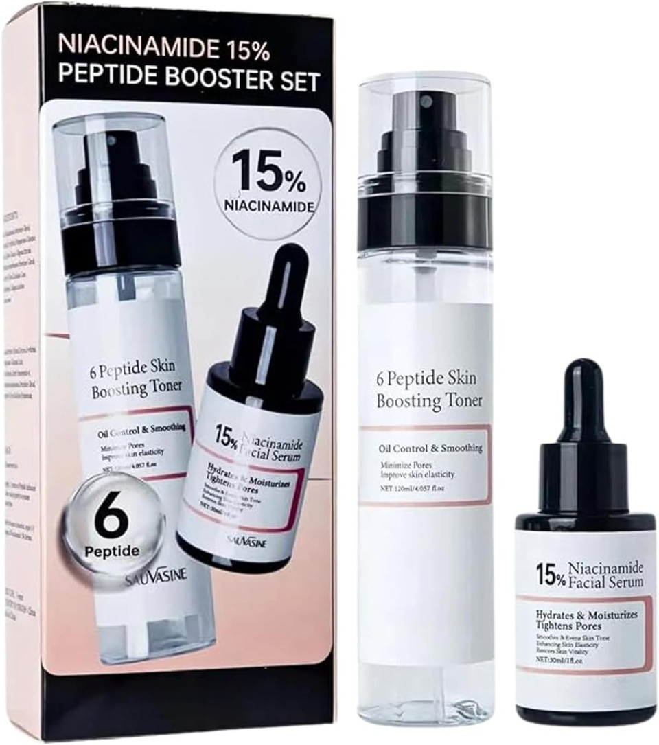 Niacinamide 15% Peptide Booster Set - Korean Skin Care Set - Niacinamide Serum & 6 Peptide skin booster Toner, Skincare Gift Sets for Women, Anti-Aging Serum for Pore Minimizer, Hydrating, Firming