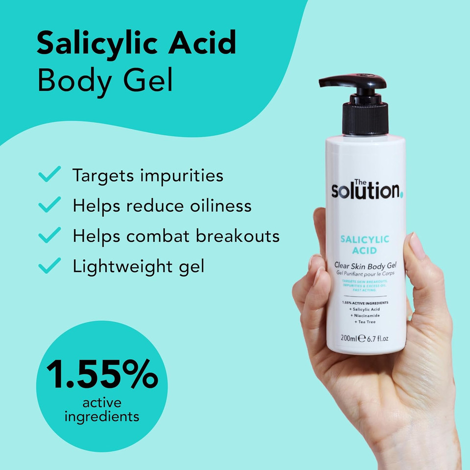 The Solution Salicylic Acid Clear Skin Body Gel (200ml) Back Acne Treatment with Tea Tree, Vegan Salicylic Acid Serum & Pore Minimiser, Cruelty Free Salicylic Acid Gel Lotion Body Care
