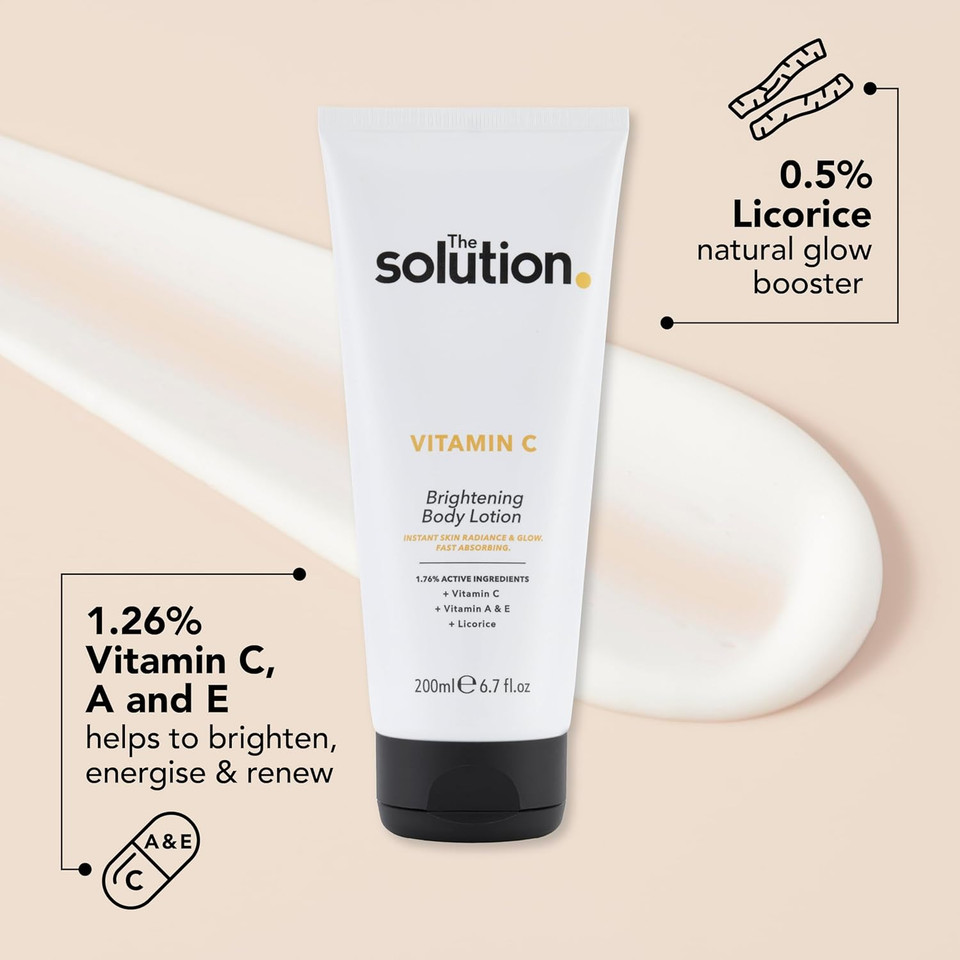 The Solution Vitamin C Brightening Body Lotion (200ml). Vitamin C Body Cream with Vitamins A & E, Night Moisturiser, Day Cream, Vitamin C Cream, Vegan & Cruelty Free Womens Moisturiser