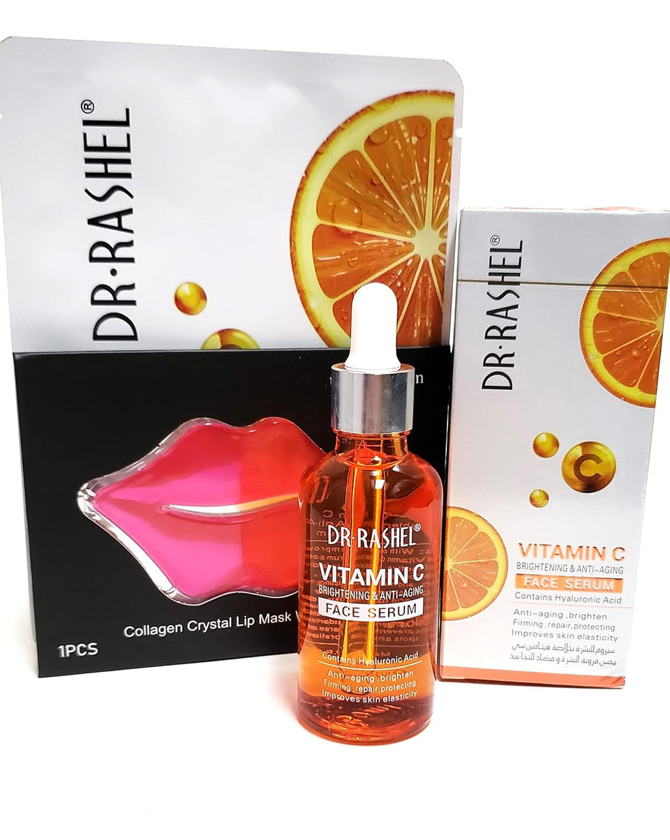 Dr Rashel Vitamin C Face Serum - Hyaluronic Acid And Anti Aging - 1.69 Oz + 1 Pcs Niacinamide Silk Mask & 1 Pcs Of Collagen Crystal Lip Mask Watermelon