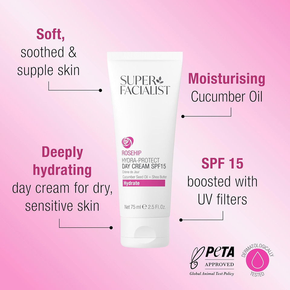 Super Facialist Rosehip Hydrate Radiance Day Cream SPF15, Formulated with UV filters to Protect and Hydrate, 75 ml