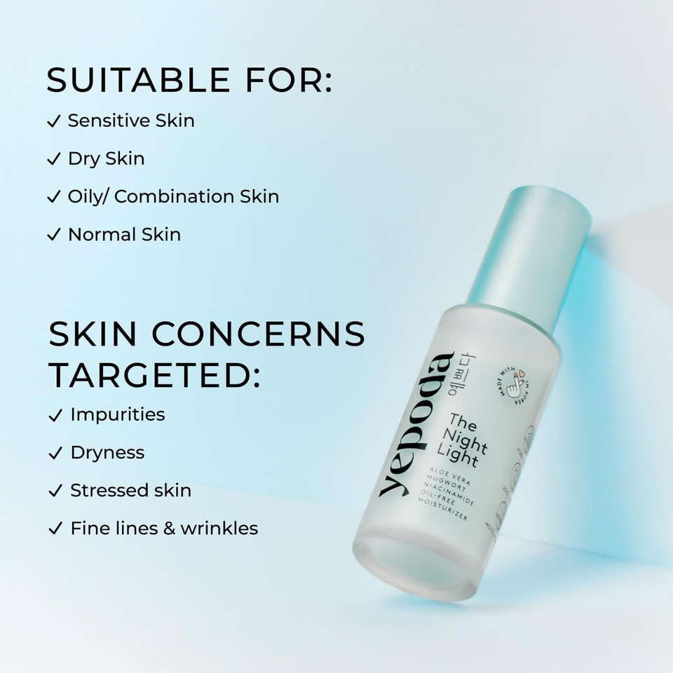 Yepoda The Night Light, Oil-Free Soothing & Purifying Night Moisturizer with Aloe Vera, Mugwort & Niacinamide, Hydrating Vegan Korean Facial Moisturizer for All Skin Types, 50 ml