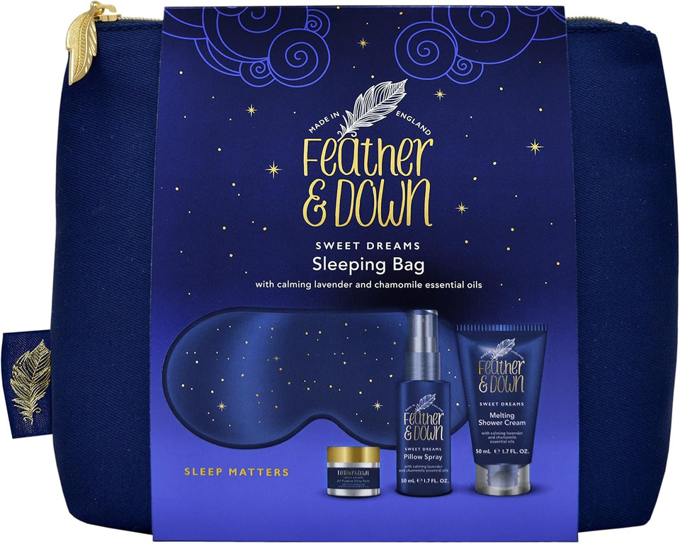Feather & Down Sleeping Bag Gift Set (luxury eye mask, sleep balm, pillow spray and shower cream) - with calming lavender & chamomile essential oils. Vegan Friendly & Cruelty Free