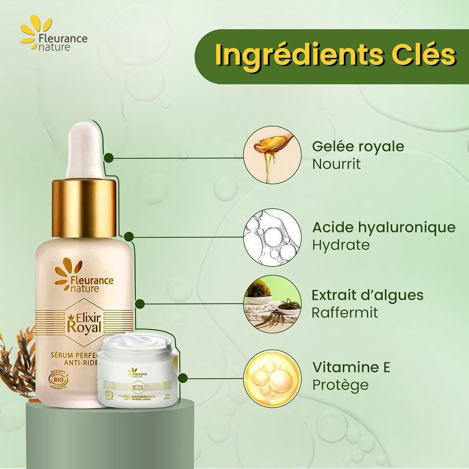 Fleurance Nature, Elixir Royal Gift Set, Women's Face Care Gift, Ecocert Certified Organic Cosmetic, Women's Beauty, Serum and Face Cream