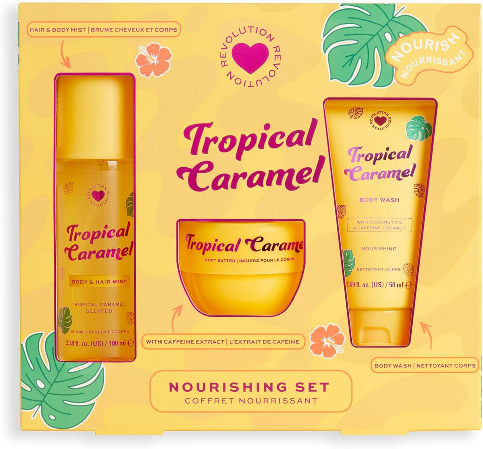 I Heart Revolution, Tropical Caramel Bath & Body Gift Set, All-In-One Mini Hair & Body Set For Summer, Sweet Scent, Vegan & Cruelty-Free