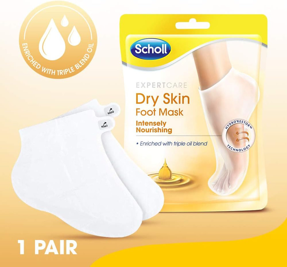 Scholl ExpertCare Dry Skin Foot Mask - Intensely Nourishing, Triple Oil Foot Mask with Urea and 3 Oils (Avocado, Argan, Jojoba) for up to 24-Hour Moisture, 1 Size, 1 Pair