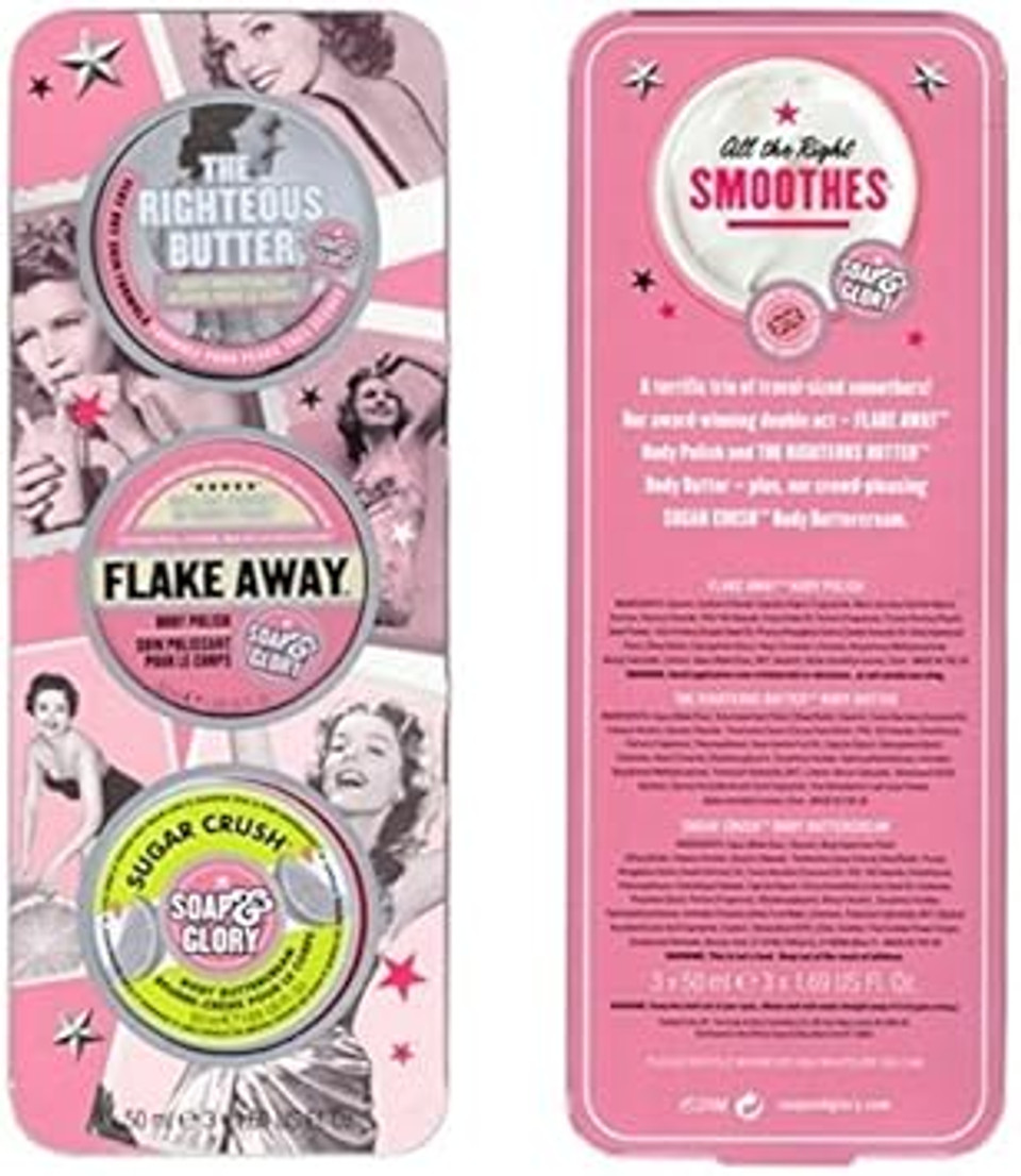 SOAP AND GLORY ALL THE RIGHT SMOOTHES 3 X 50ML GIFT SET - THE RIGHTEOS BODY MOISTURISER, FLAKE AWAY BODY POLISH, SUGAR CRUSH BODY BUTTERCREAM