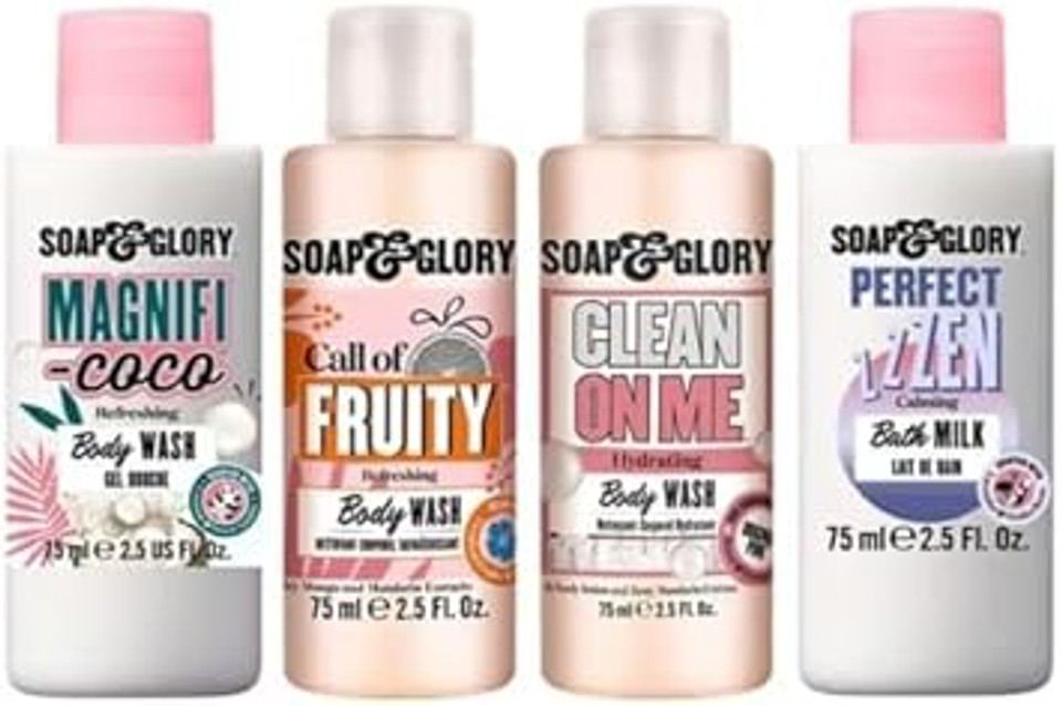 Soap & Glory - The Top Four Fillers Gift Set - Box of 4 x 75ml Shower Gel and Bath Milk - Gorgeous Bath and Body Gift Box - Soap & Glory Miniatures Collection  Toiletry Set  Delectable Scents