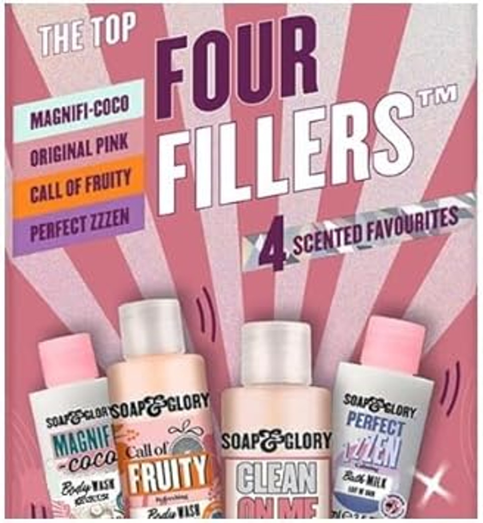 Soap & Glory - The Top Four Fillers Gift Set - Box of 4 x 75ml Shower Gel and Bath Milk - Gorgeous Bath and Body Gift Box - Soap & Glory Miniatures Collection  Toiletry Set  Delectable Scents