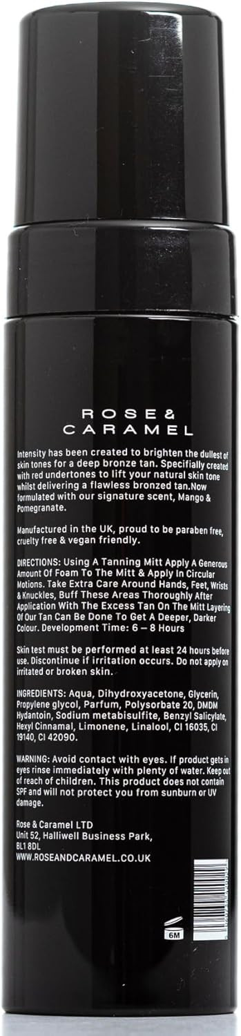 Rose & Caramel Intensity Dark - Ultra Dark Bronzed Self Tanning Mousse 200ml. Bronze, Sunless Self Tanner, Hydrating. Extra Dark Fake Tan, Award Winning, Natural, Cruelty Free, Vegan, Best Tan