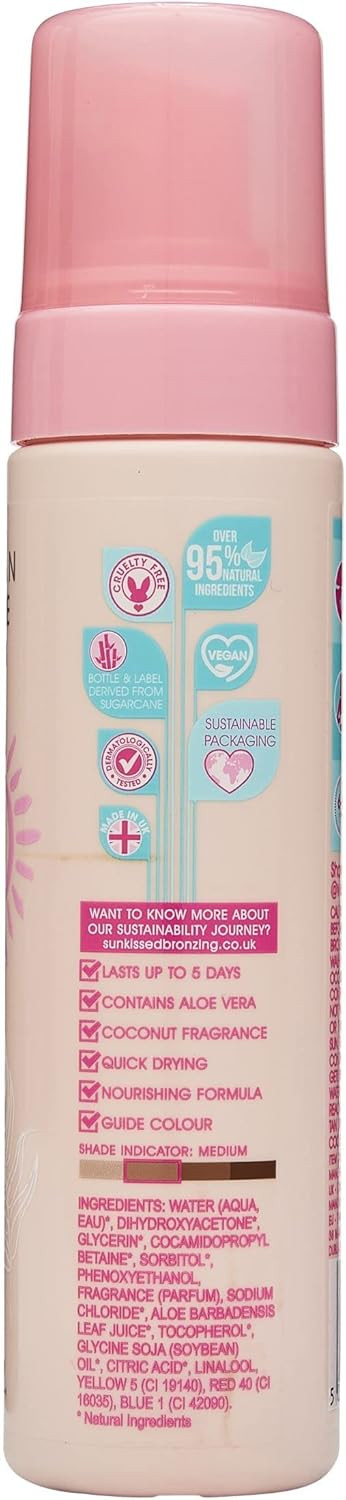 Sunkissed Self Tan Mousse Medium 200ml 95% Natural - Vegan - Cruelty Free - Coconut Fragrance