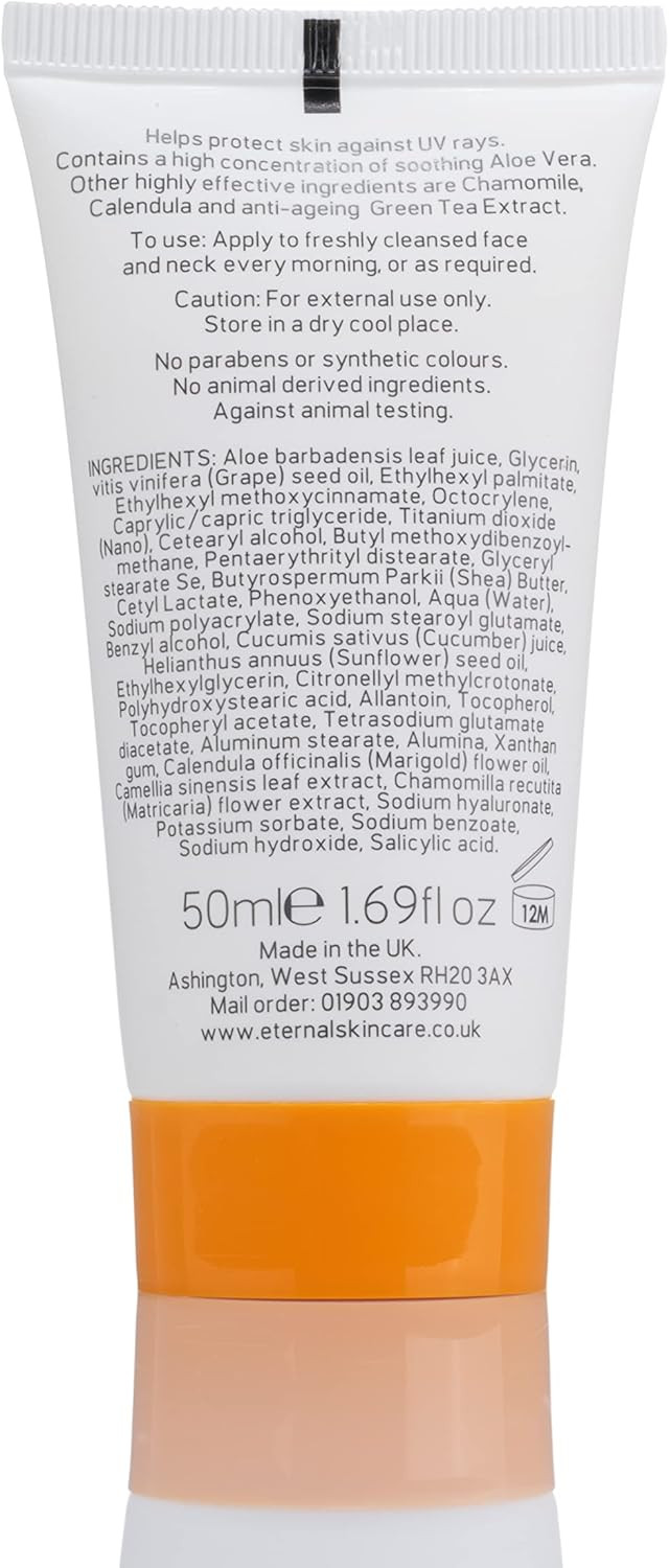 Eternal Skincare - Aloe Anti-ageing Day Cream SPF20 (50ml) Fragrance Free - Rich in Aloe Vera. For Dry and Sensitive Skin. Sun Protection Factor 20. Made in UK