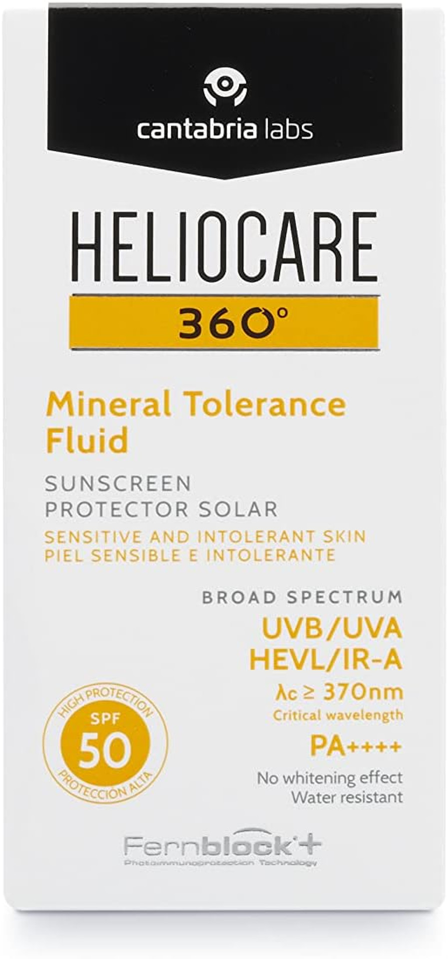 Heliocare 360 Mineral Tolerance Fluid SPF50 50ml / Mineral Sunscreen For Face/Daily UVA UVB Visible Light and infrared-A Hypoallergenic Sun Protection/Silky Transparent Finish, White