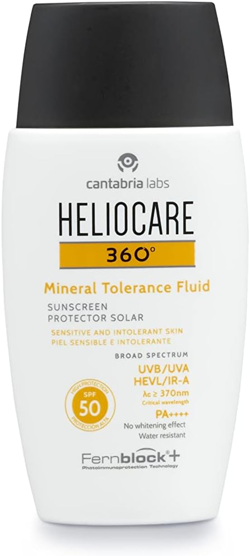 Heliocare 360 Mineral Tolerance Fluid SPF50 50ml / Mineral Sunscreen For Face/Daily UVA UVB Visible Light and infrared-A Hypoallergenic Sun Protection/Silky Transparent Finish, White